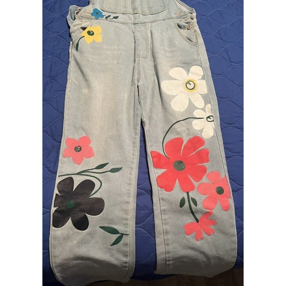 Misslook Floral Painted Denim Bib Overalls size XL - (fits Sz Large) Country - Picture 3 of 9